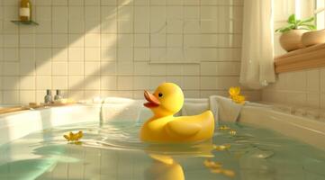 AI generated rubber duck at play with and showers in a bathroom photo