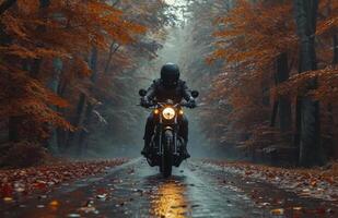 AI generated man riding motorcycle through the woods photo