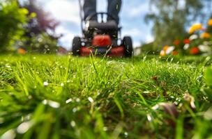 AI generated person grass with a lawn mower photo