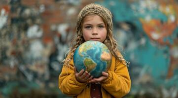 ai generado el día un joven niña retenida el tierra terminado su cabeza foto