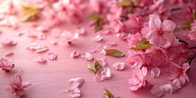 AI generated pink cherry blossoms with leaves on a pretty pink wood table photo