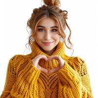 ai generado joven mujer en amarillo suéter haciendo un corazón forma aislado foto