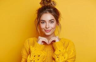 AI generated young woman in yellow sweater making a heart shape on yellow background photo