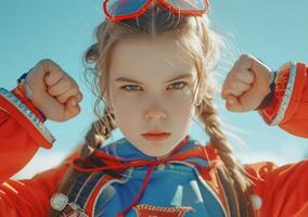 AI generated young girl is dressed as a superhero and raising her fists photo