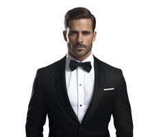 AI generated a black tuxedo is a man standing in front of a white background photo