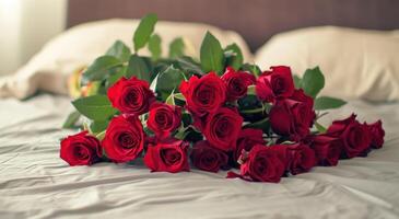 AI generated a bouquet of red roses on someone's bed photo