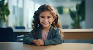 AI generated a little girl sitting at a desk and smiling photo