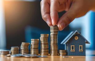 AI generated a hand holding the coins and placing a house on top of the stacks photo