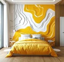 AI generated a modern bedroom with yellow and white abstract designs photo