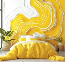 AI generated a modern bedroom with yellow and white abstract designs photo