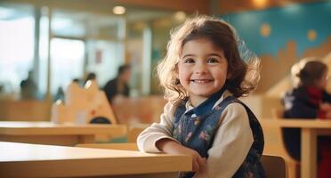 AI generated a little girl sitting at a desk and smiling photo