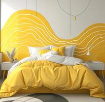 AI generated a modern bedroom with yellow and white abstract designs photo