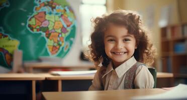 AI generated a little girl sitting at a desk and smiling photo