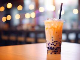 AI generated bubble tea drink on table with straw photo