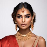 AI generated indian makeup artist, light bronze and red, frontal perspective, timeless grace photo