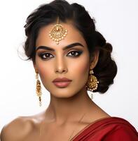 ai generado indio maquillaje artista, ligero bronce y rojo, frontal perspectiva, eterno gracia foto