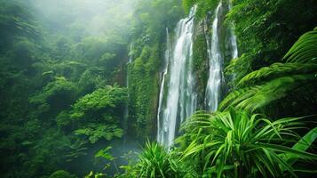 AI generated Majestic waterfalls surrounded by lush foliage, a refreshing scene for a hot summer day photo