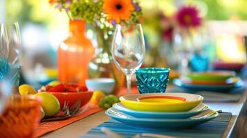 AI generated Color-coordinated tableware and centerpieces set the mood for celebration with copy space photo