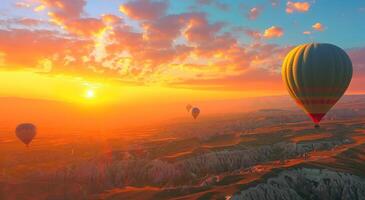 ai generado caliente aire globos volador encima alto sierras, meseta, amanecer globo foto