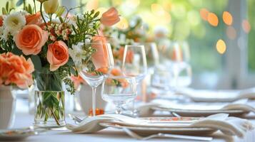 AI generated Color-coordinated tableware and centerpieces set the mood for celebration with copy space photo