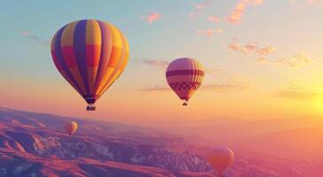 AI generated hot air balloons flying above high hills, plateau, sunrise balloon photo