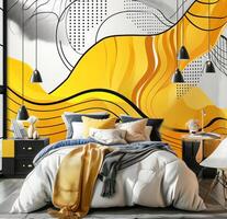 AI generated home wallpaper murals yellow wave wall print bedroom design photo