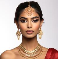 AI generated indian makeup artist, light bronze and red, frontal perspective, timeless grace photo