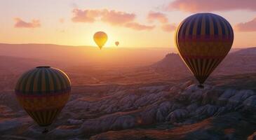 ai generado caliente aire globos volador encima alto sierras, meseta, amanecer globo foto