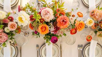 AI generated Color-coordinated tableware and centerpieces set the mood for celebration with copy space photo