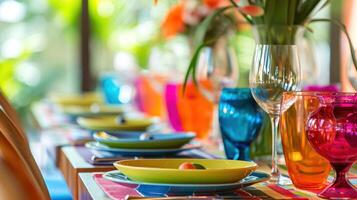 AI generated Color-coordinated tableware and centerpieces set the mood for celebration with copy space photo