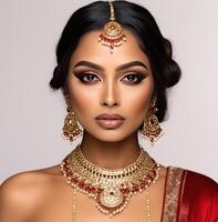 AI generated indian makeup artist, light bronze and red, frontal perspective, timeless grace photo