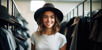 AI generated fashion designer wearing a hat standing in front of a rack photo