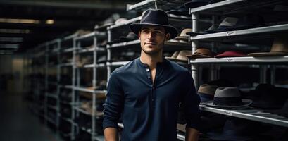 AI generated fashion designer wearing a hat standing in front of a rack photo