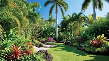 AI generated Vibrant greenery, exotic flowers, and palm trees create a paradise-like summer haven photo