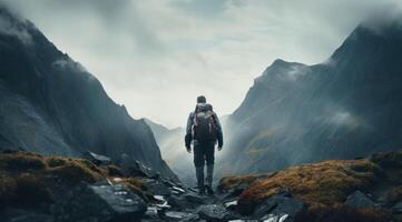 AI generated man climbing a mountain photo