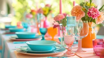 AI generated Color-coordinated tableware and centerpieces set the mood for celebration with copy space photo