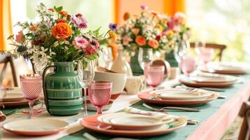 AI generated Color-coordinated tableware and centerpieces set the mood for celebration with copy space photo