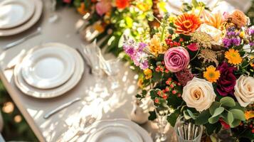 AI generated Color-coordinated tableware and centerpieces set the mood for celebration with copy space photo