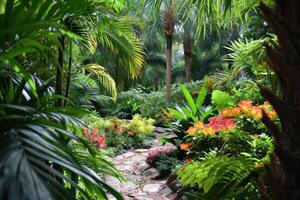 ai generado vibrante verdor, exótico flores, y palma arboles crear un como un paraíso verano refugio foto