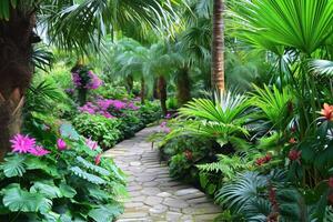 ai generado vibrante verdor, exótico flores, y palma arboles crear un como un paraíso verano refugio foto