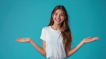 AI generated Portrait of attractive cheerful girl demonstrating copy empty space ad advert isolated photo