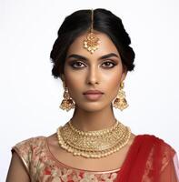 AI generated indian makeup artist, light bronze and red, frontal perspective, timeless grace photo