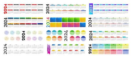 Big set of horizontal calendars for 2024 isolated on a white background. Sunday to Monday, business template. Vector illustration