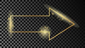 Gold glowing arrow shape frame isolated on dark background. Shiny frame with glowing effects. Vector illustration.