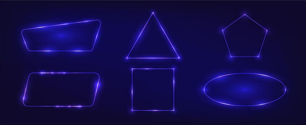 Set of six neon frames with shining effects