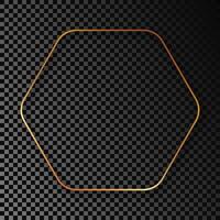 Gold glowing rounded hexagon frame with shadow isolated on dark background. Shiny frame with glowing effects. Vector illustration.