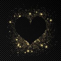 Heart shape frame with golden glitter on dark background. Greeting card with empty dark background. Vector illustration.