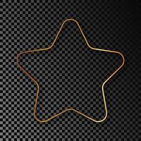 Gold glowing rounded star shape frame with shadow isolated on dark background. Shiny frame with glowing effects. Vector illustration.