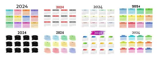 Set of six calendars for 2024 isolated on a white background. Sunday to Monday, business template. Vector illustration