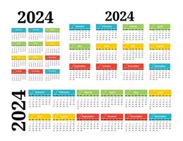 Set of three calendars for 2024 in different forms isolated on a white background. Sunday to Monday, business template. Vector illustration